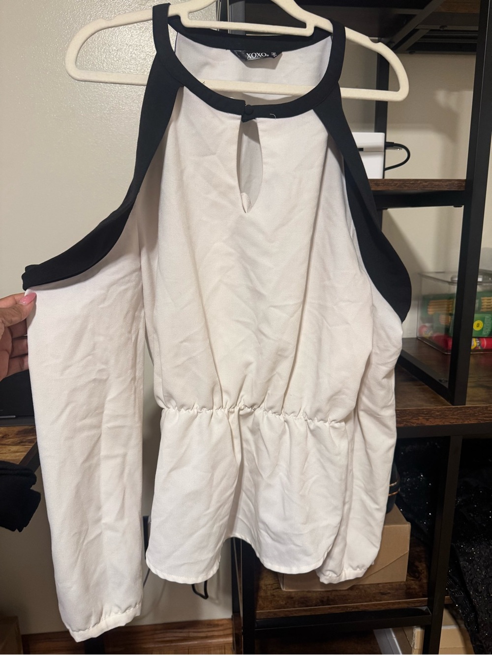XOXO Ivory Halter Peplum Top with Black Trim
